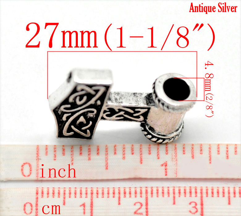 Picture of Zinc Based Alloy European Style Large Hole Charm Beads Antique Silver Color The Hammer Of The Norse God Thor 27mm x 21mm, Hole: Approx 4.8mm, 10 PCs