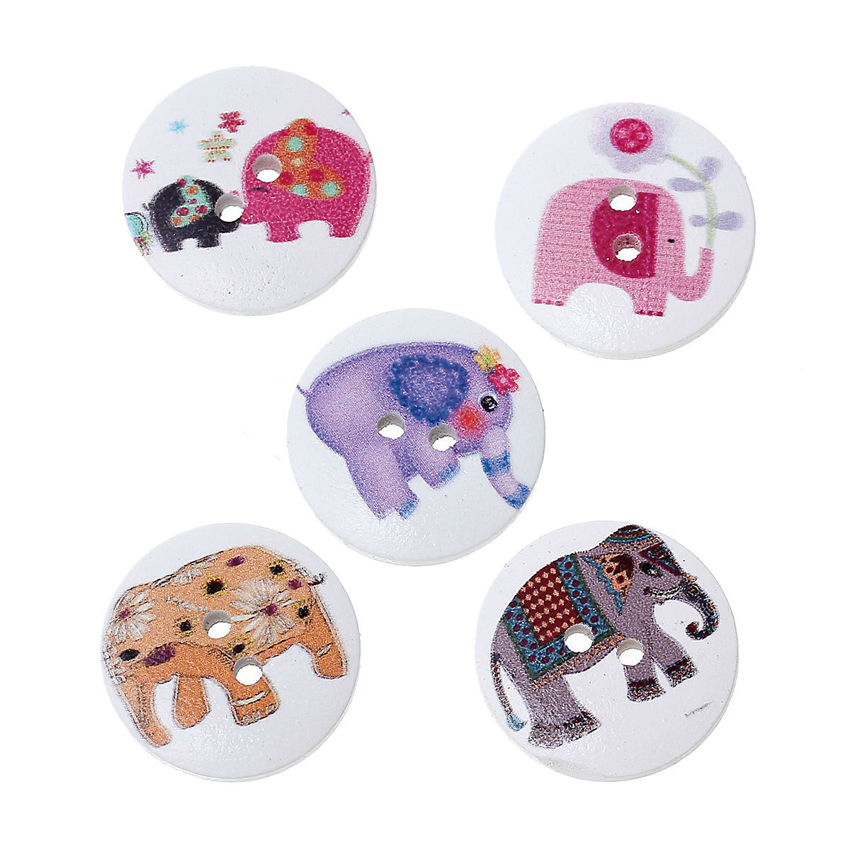 Picture of Wood Sewing Buttons Scrapbooking Round 2 Holes At Random Elephant Pattern 20mm( 6/8") Dia, 100 PCs
