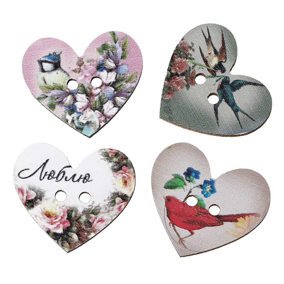 Picture of Wood Sewing Buttons Scrapbooking Heart At Random 2 Holes Flower Pattern 28mm x 24mm, 50 PCs