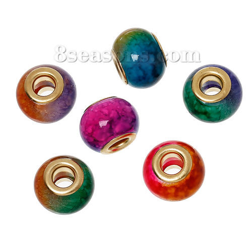 Picture of Glass European Style Large Hole Charm Beads Drum At Random Multicolor Gold Plated Core About 15mm x 11mm, Hole: Approx 5mm, 10 PCs