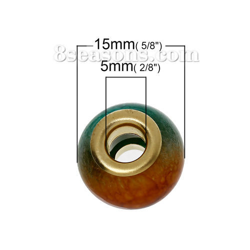 Picture of Glass European Style Large Hole Charm Beads Drum At Random Multicolor Gold Plated Core About 15mm x 11mm, Hole: Approx 5mm, 10 PCs