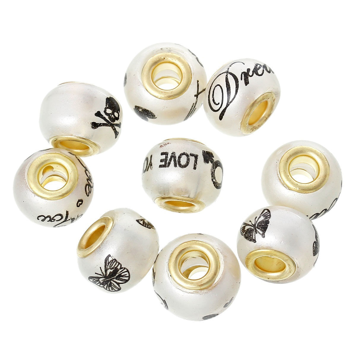 Picture of Glass European Style Large Hole Charm Beads Drum At Random Multicolor Gold Plated Core About 15mm x 11mm, Hole: Approx 5mm, 10 PCs