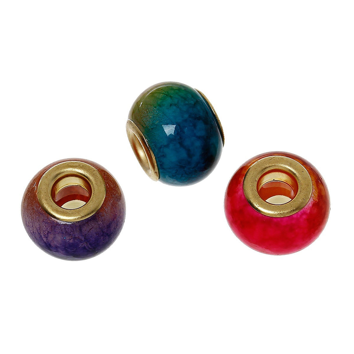 Picture of Glass European Style Large Hole Charm Beads Drum At Random Multicolor Gold Plated Core About 15mm x 11mm, Hole: Approx 5mm, 10 PCs