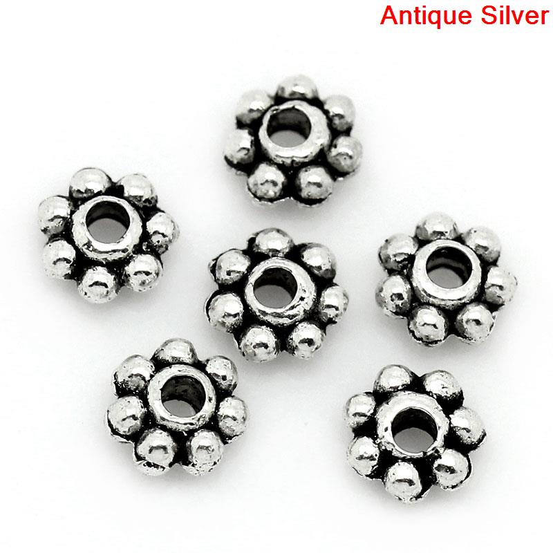 Picture of Zinc Based Alloy Spacer Beads Snowflake Flower Antique Silver About 4mm x 4mm, Hole:Approx 1mm, 500 PCs