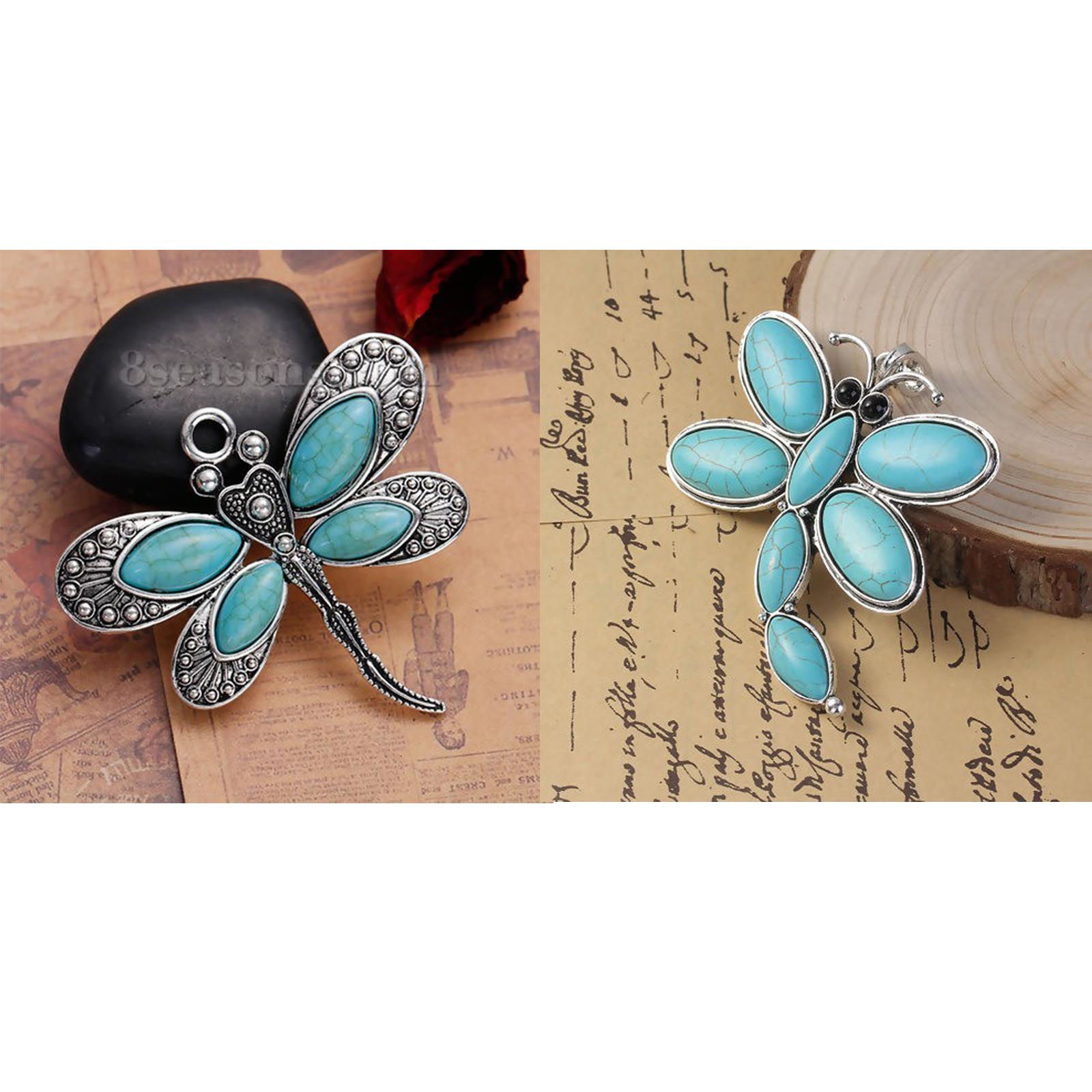 Picture of Zinc Based Alloy Boho Chic Pendants Dragonfly Animal Antique Silver Color Green Blue Imitation Turquoise 60mm(2 3/8") x 53mm(2 1/8"), 2 PCs