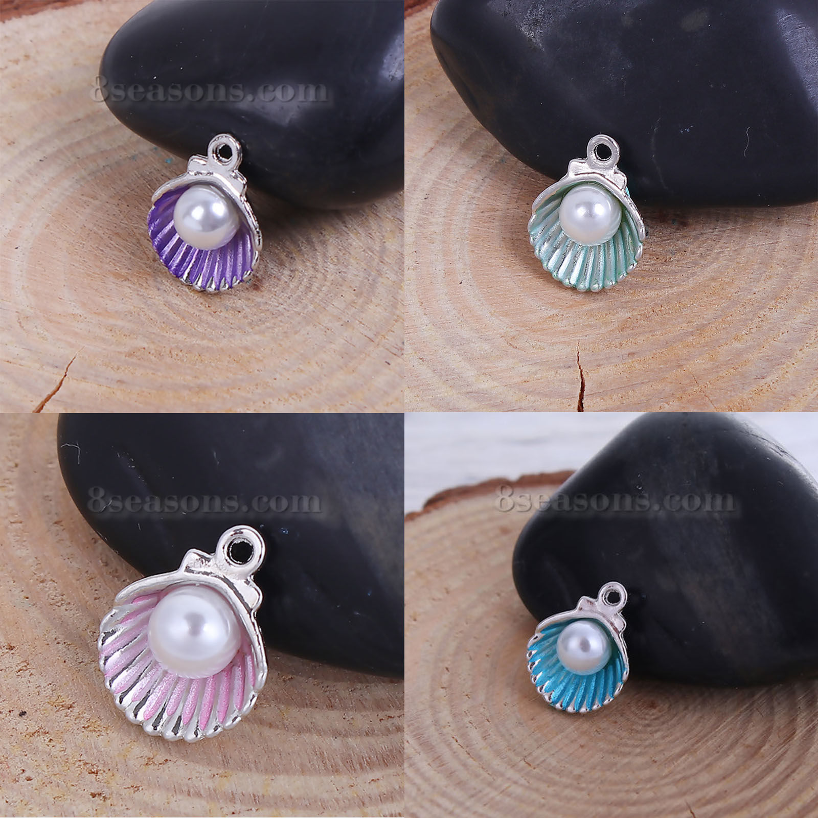 Picture of Zinc Based Alloy One Pearl Jewelry Charms Shell Silver Tone White & Green Acrylic Imitation Pearl 15mm( 5/8") x 12mm( 4/8"), 20 PCs