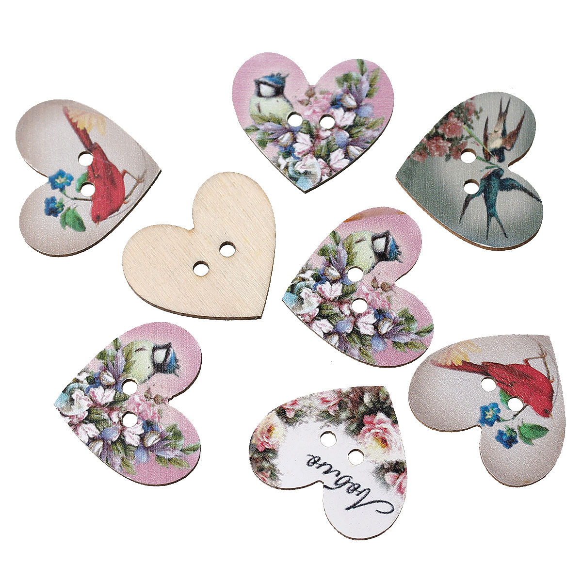 Picture of Wood Sewing Buttons Scrapbooking Heart At Random 2 Holes Flower Pattern 28mm x 24mm, 50 PCs