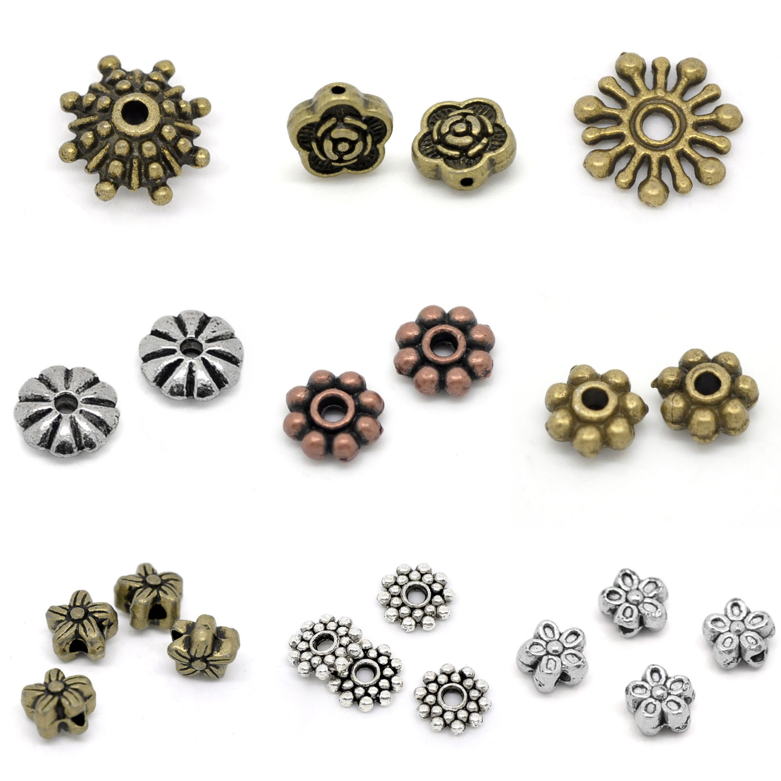 Bild von Zinklegierung Spacer Zwischenperlen Blumen Antik Silber ca. 6mm x 6mm - 7mm x 7mm, Loch:ca. 1.3mm, 50 Stück
