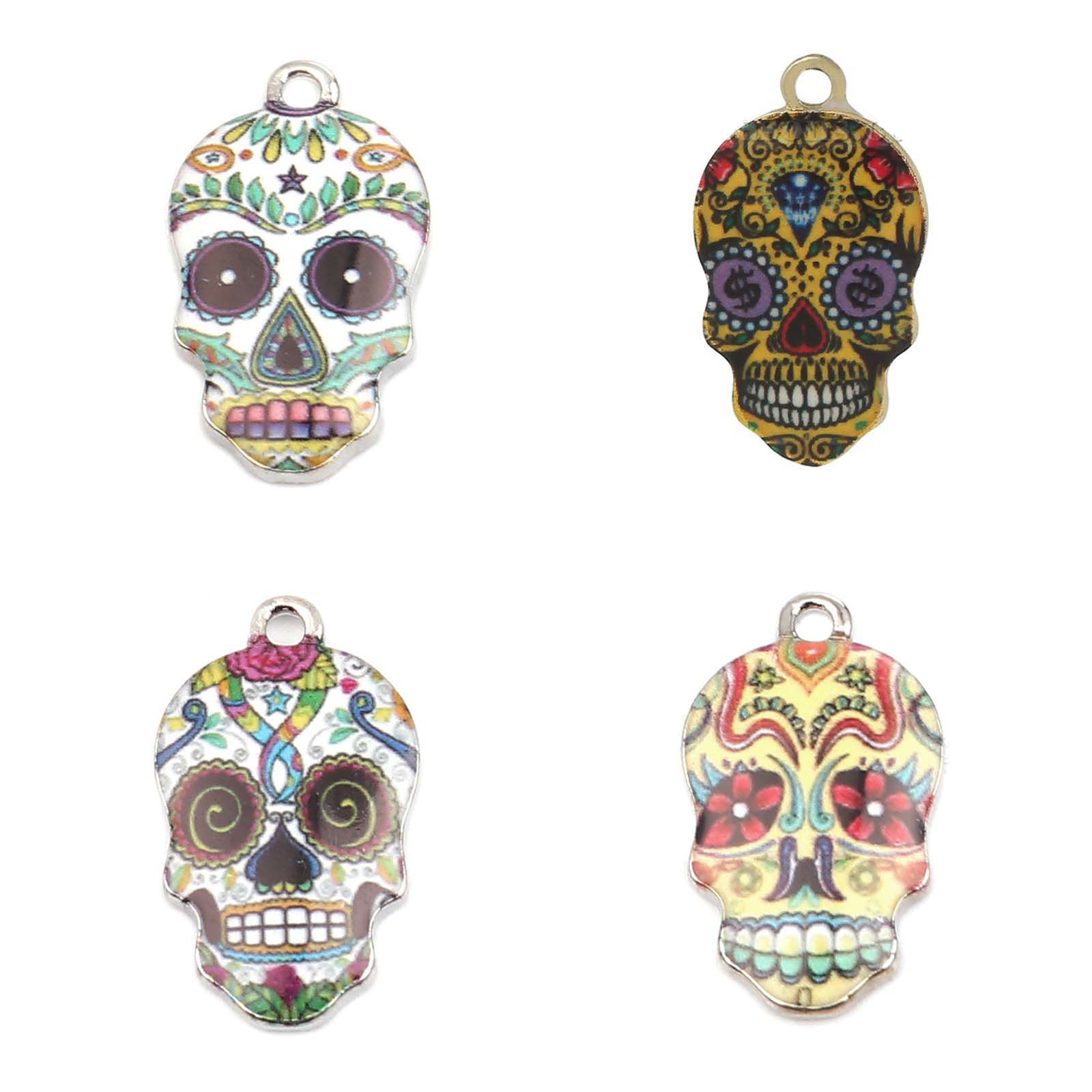 Picture of Zinc Based Alloy Day Of The Dead Charms Sugar Skull Gold Plated Heart Flower Pattern Multicolor Enamel 23mm( 7/8") x 13mm( 4/8"), 5 PCs
