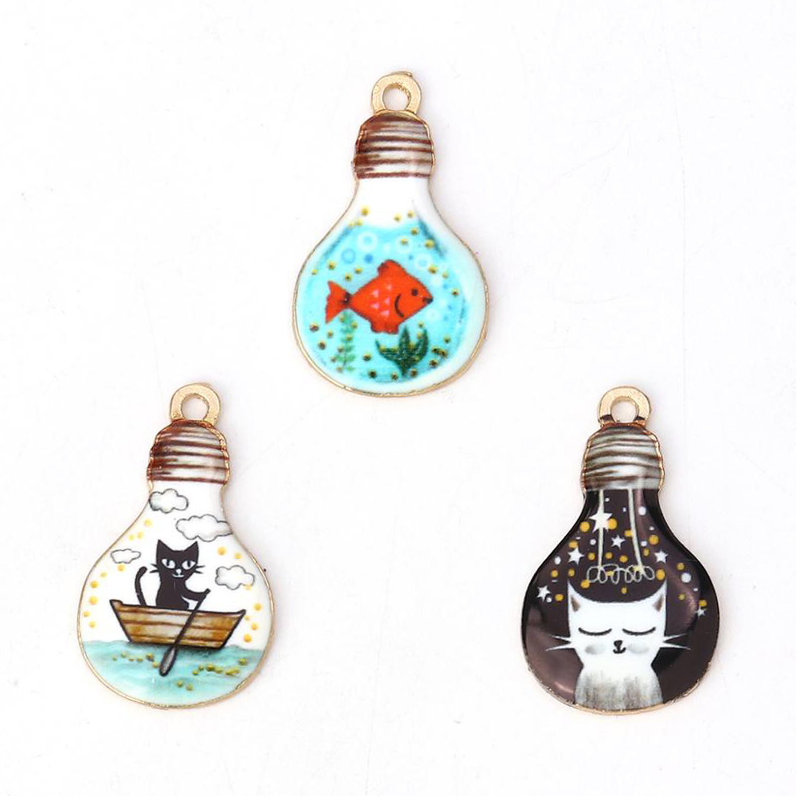 Picture of Zinc Based Alloy Charms Bulb Gold Plated Black Cat Enamel 28mm(1 1/8") x 17mm( 5/8"), 10 PCs