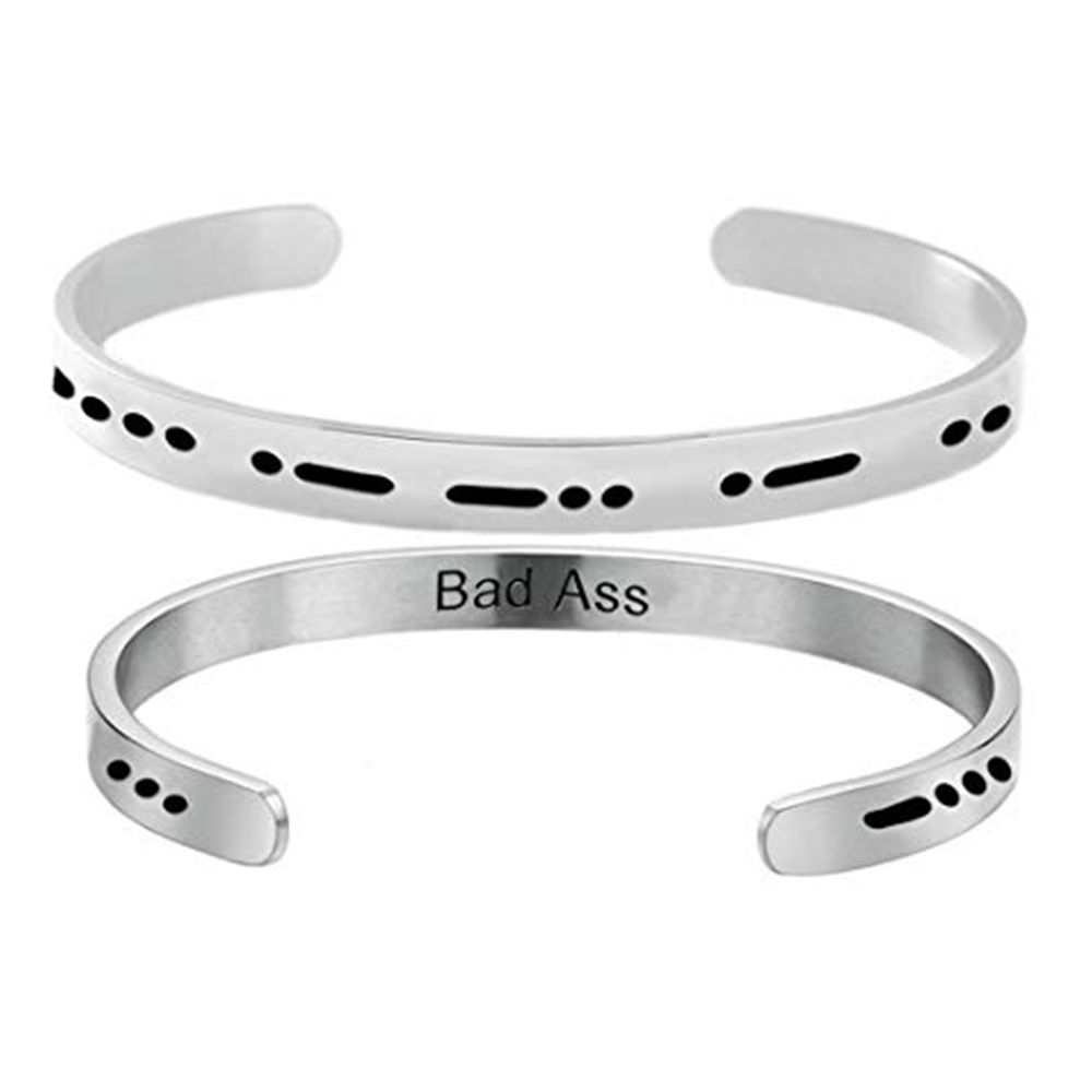 Picture of Stainless Steel Morse Code Open Cuff Bangles Bracelets Silver Tone Message " Bad Ass " 60mm Dia., 1 Piece