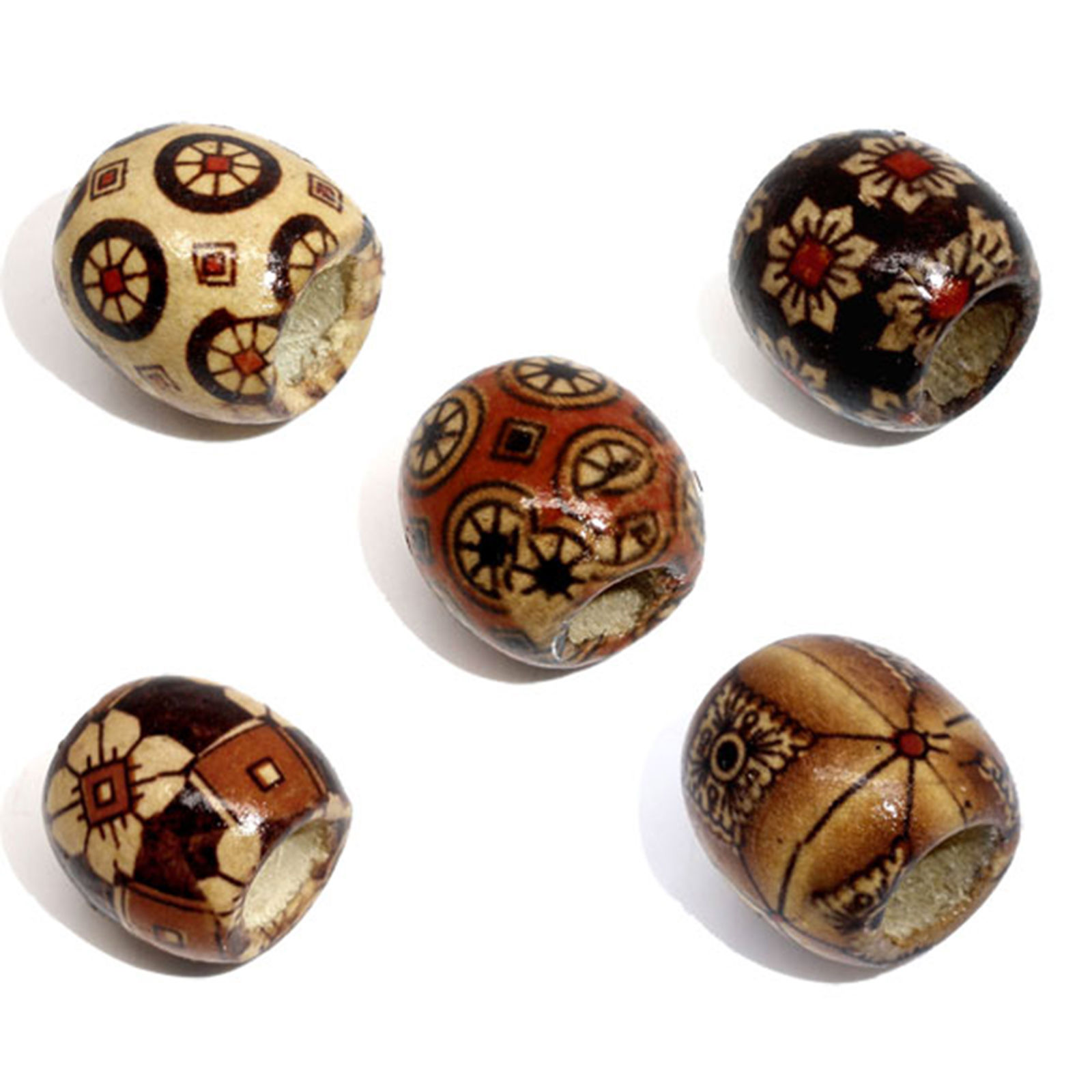 Picture of Wood Spacer Beads Barrel Coffee Flower Pattern About 17mm( 5/8") x 16mm( 5/8"), Hole: Approx 7.4mm, 50 PCs