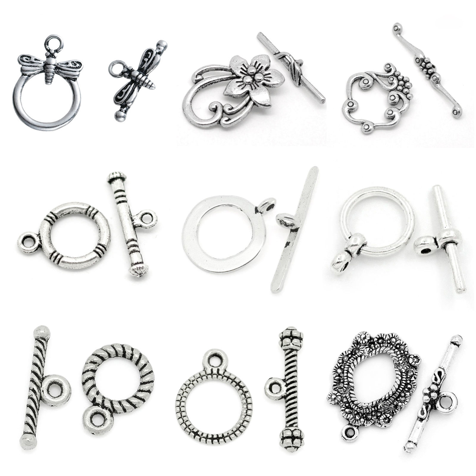 Picture of Zinc Based Alloy Toggle Clasps Flower Antique Silver Color 30mm x6mm 30mm x20mm, 10 Sets