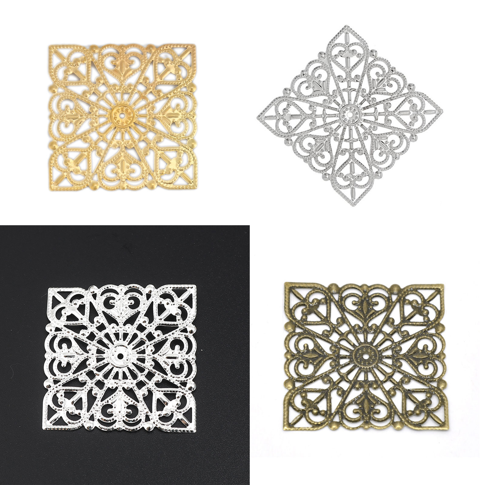 Picture of Iron Based Alloy Filigree Stamping Embellishments Findings Square Antique Bronze 4cm(1 5/8") x 4cm(1 5/8"), 50 PCs