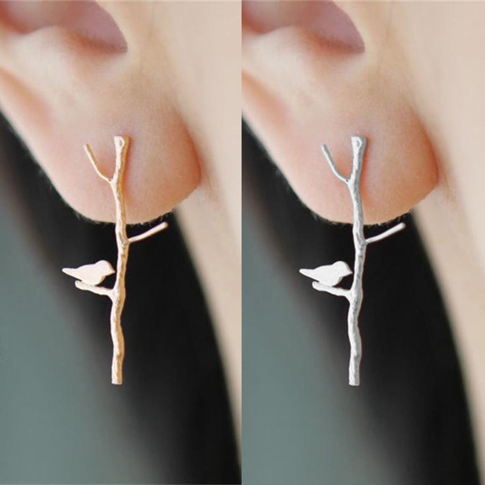 Picture of Ear Post Stud Earrings Silver Plated Branch Bird 30mm(1 1/8") x 12mm( 4/8"), Post/ Wire Size: (21 gauge), 1 Pair