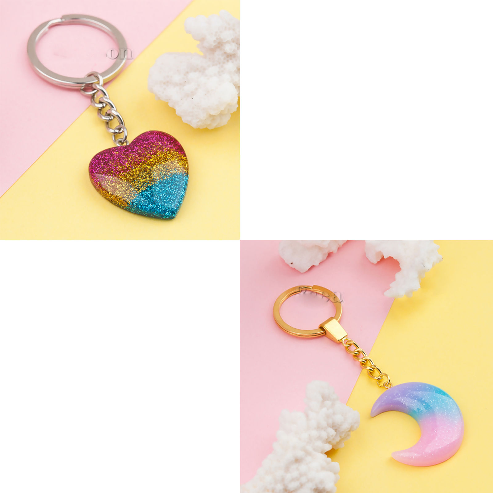 Picture of Cotton & Resin Keychain & Keyring Bowknot Yellow Pink Flower Glitter 11cm x 4.4cm, 1 Piece