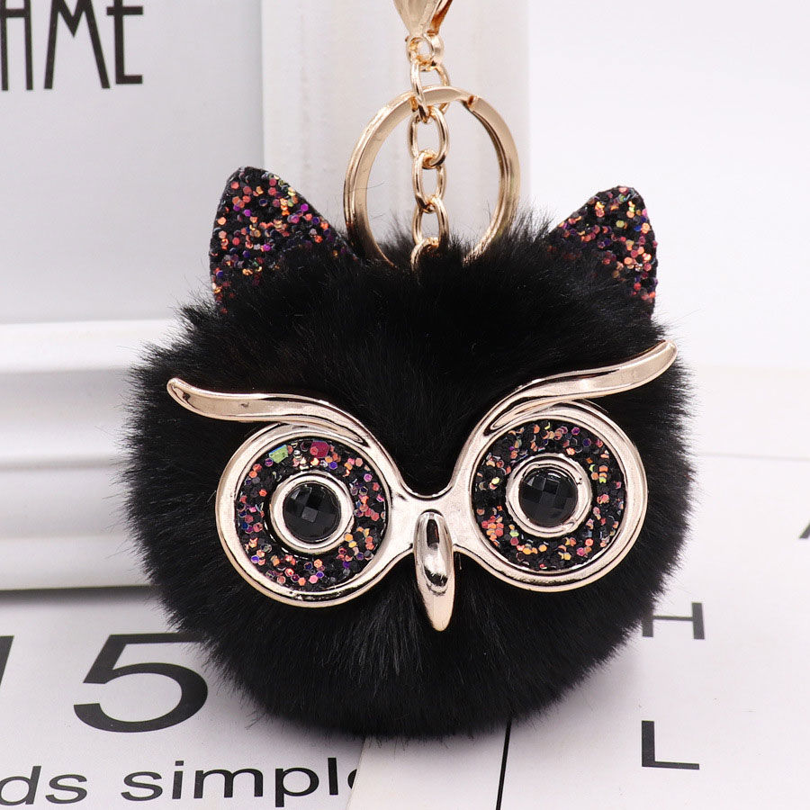Picture of Zinc Based Alloy Keychain & Keyring Gold Plated Pink Owl Animal Pom Pom Ball Sequins 12.3cm x 6.5cm, 1 Piece