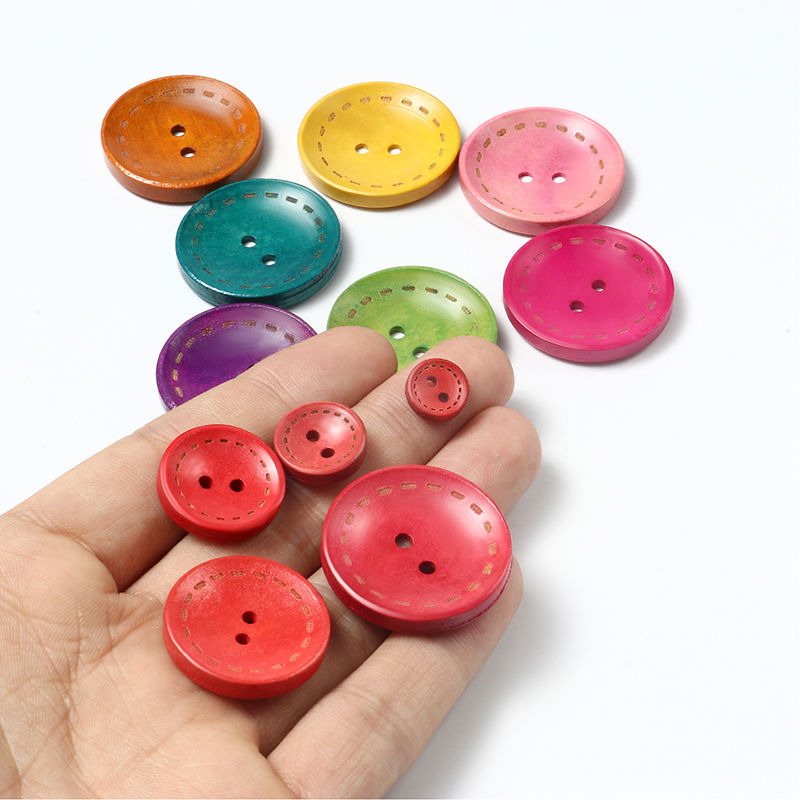 ウッド 縫製ボタン 2つ穴 円形  ランダムな色 10mm 直径、 200 個 の画像