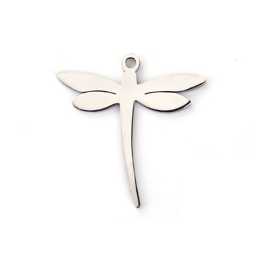 Picture of 304 Stainless Steel Pet Silhouette Charms Dragonfly Animal Silver Tone 29mm(1 1/8") x 23mm( 7/8"), 1 Piece