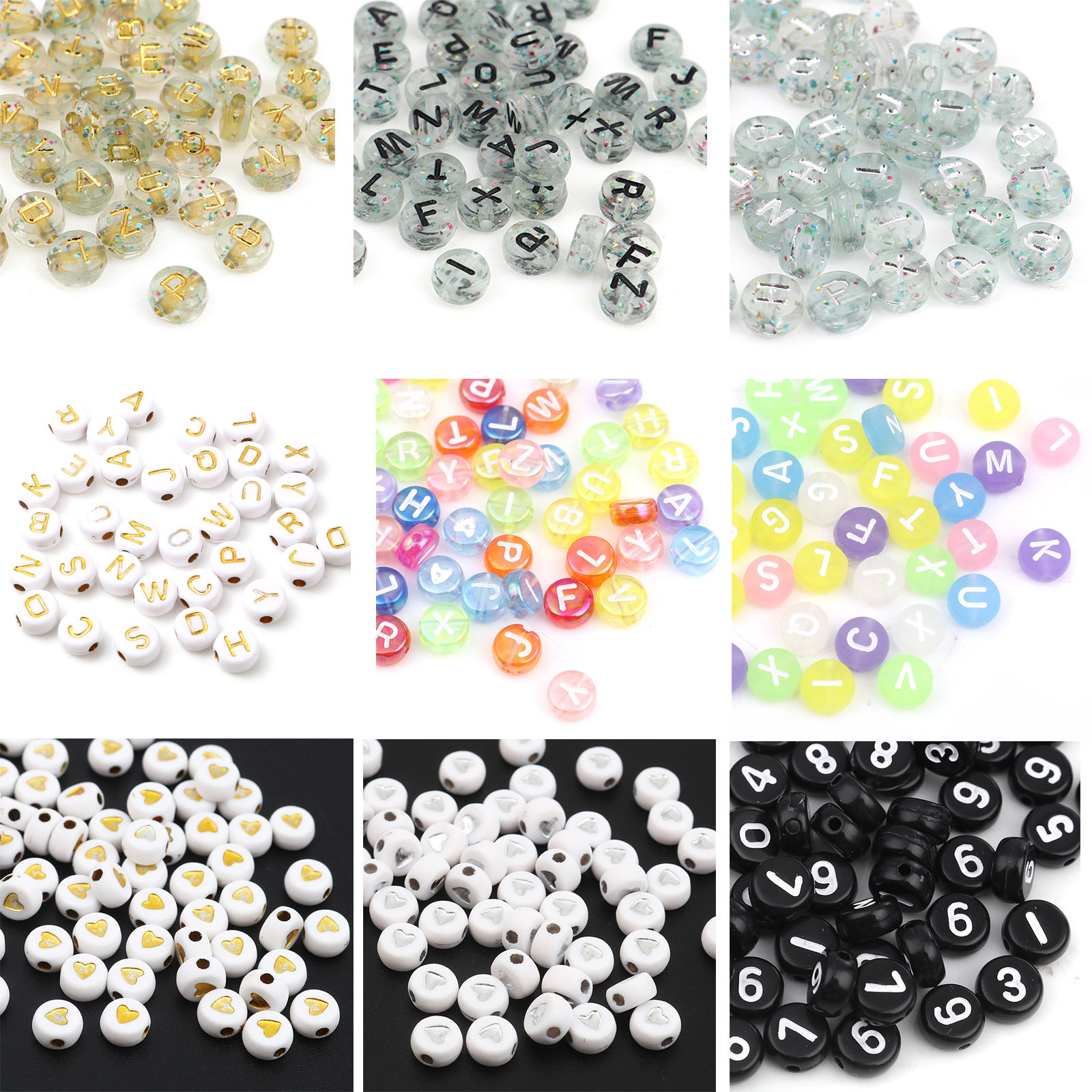 Picture of Acrylic Beads Flat Round White & Golden Number Pattern About 7mm Dia., Hole: Approx 1.5mm, 500 PCs