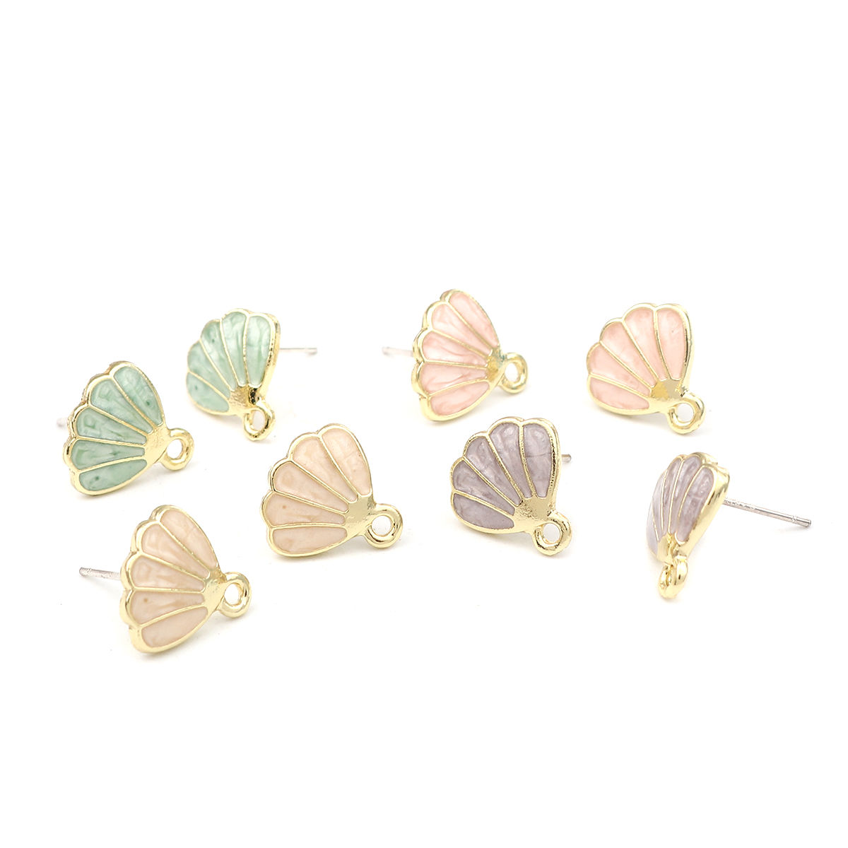 Picture of Ear Post Stud Earrings Findings Shell Gold Plated Light Green W/ Loop 12mm x 12mm, Post/ Wire Size: (21 gauge), 6 PCs
