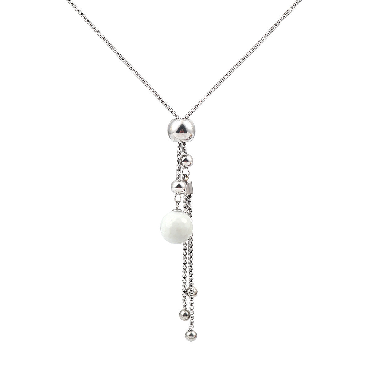 Picture of 304 Stainless Steel Adjustable Slider/ Slide Sweater Necklace Long Silver Tone Tassel Peacock Green Round 73cm(28 6/8") long, 1 Piece