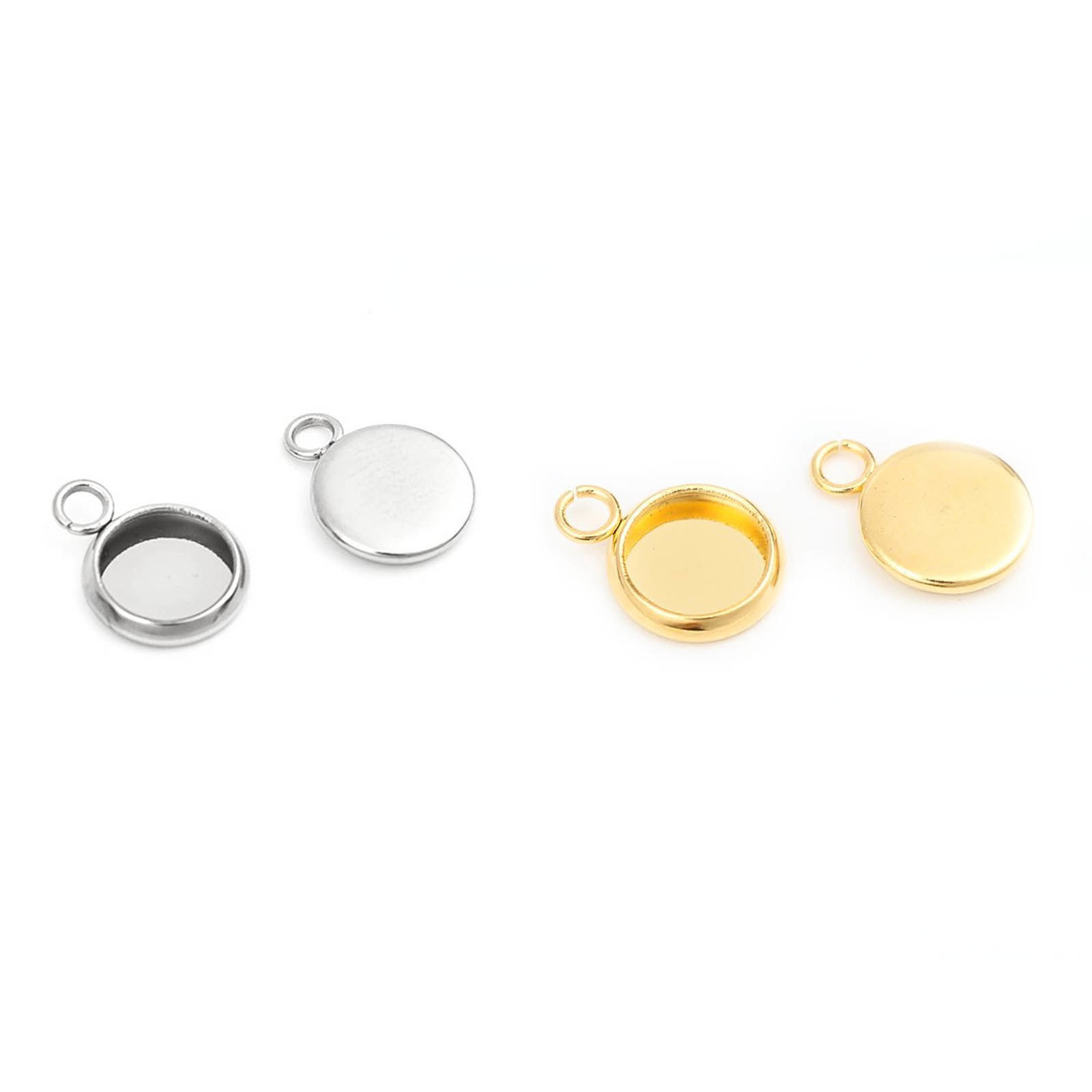 Picture of 304 Stainless Steel Pendants Round Gold Plated Cabochon Settings (Fits 25mm Dia.) 3.2cm x 2.7cm, 10 PCs