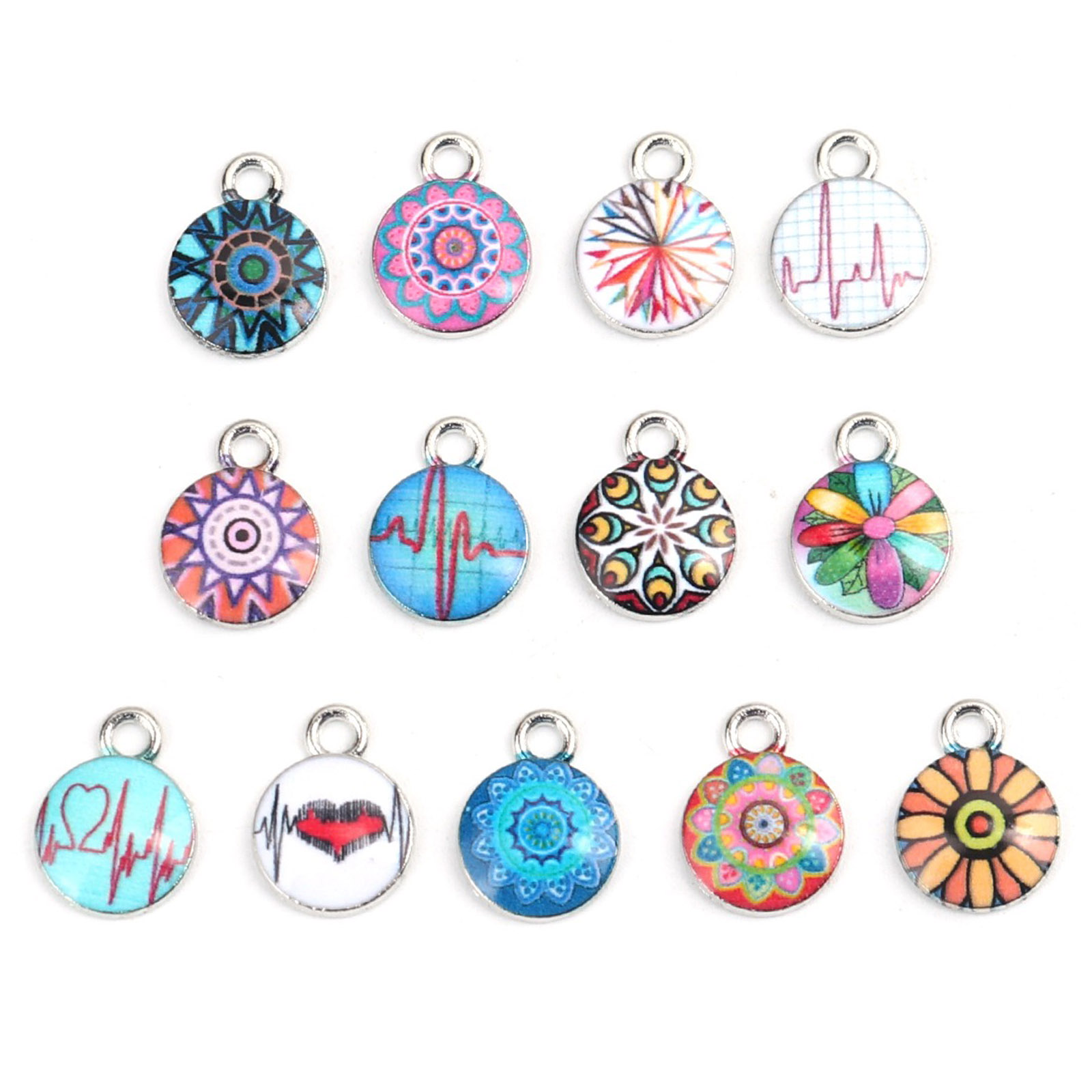 Picture of Zinc Based Alloy & Glass Charms Round Silver Tone Multicolor Stripe With Glass Cabochons 14mm x 10mm, 10 PCs
