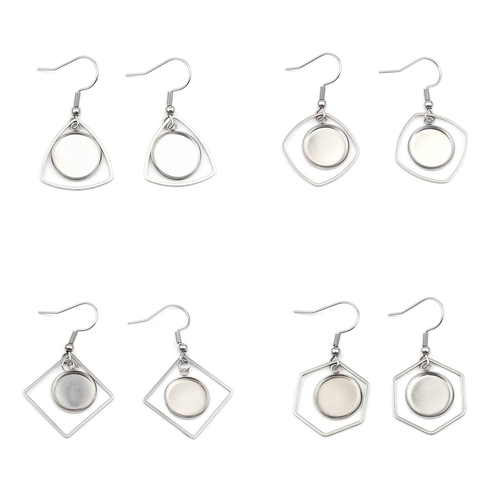 Imagen de Stainless Steel Earrings Drop Silver Tone Cabochon Settings (Fits 12mm Dia.) 43mm x 17mm, Post/ Wire Size: (22 gauge), 4 PCs