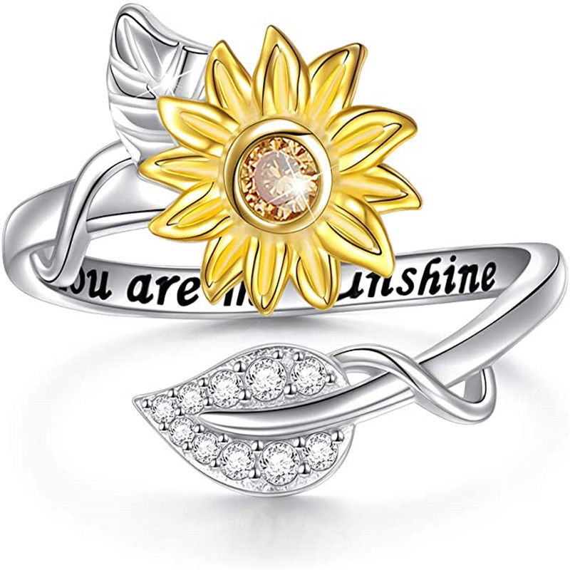 Bild von Offen Verstellbar Ring Vergoldet & Silberfarbe Sonnenblume Message " YOU ARE MY Sunshine " Transparent Strass 18.9mm（US Größe:9), 1 Stück