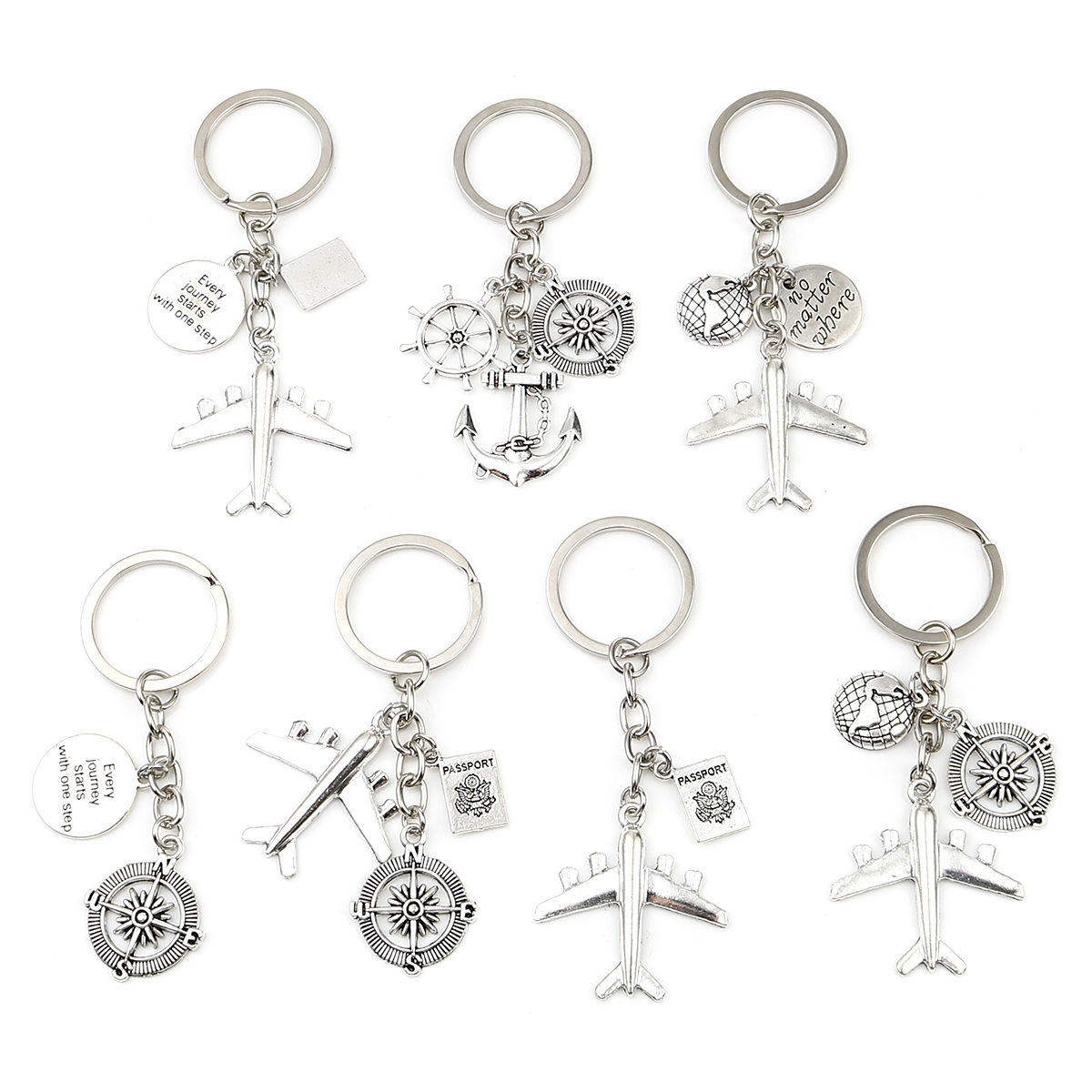 Picture of Travel Keychain & Keyring Antique Silver Color Passport Airplane Message " Every journey starts with one step " 10cm, 1 Piece