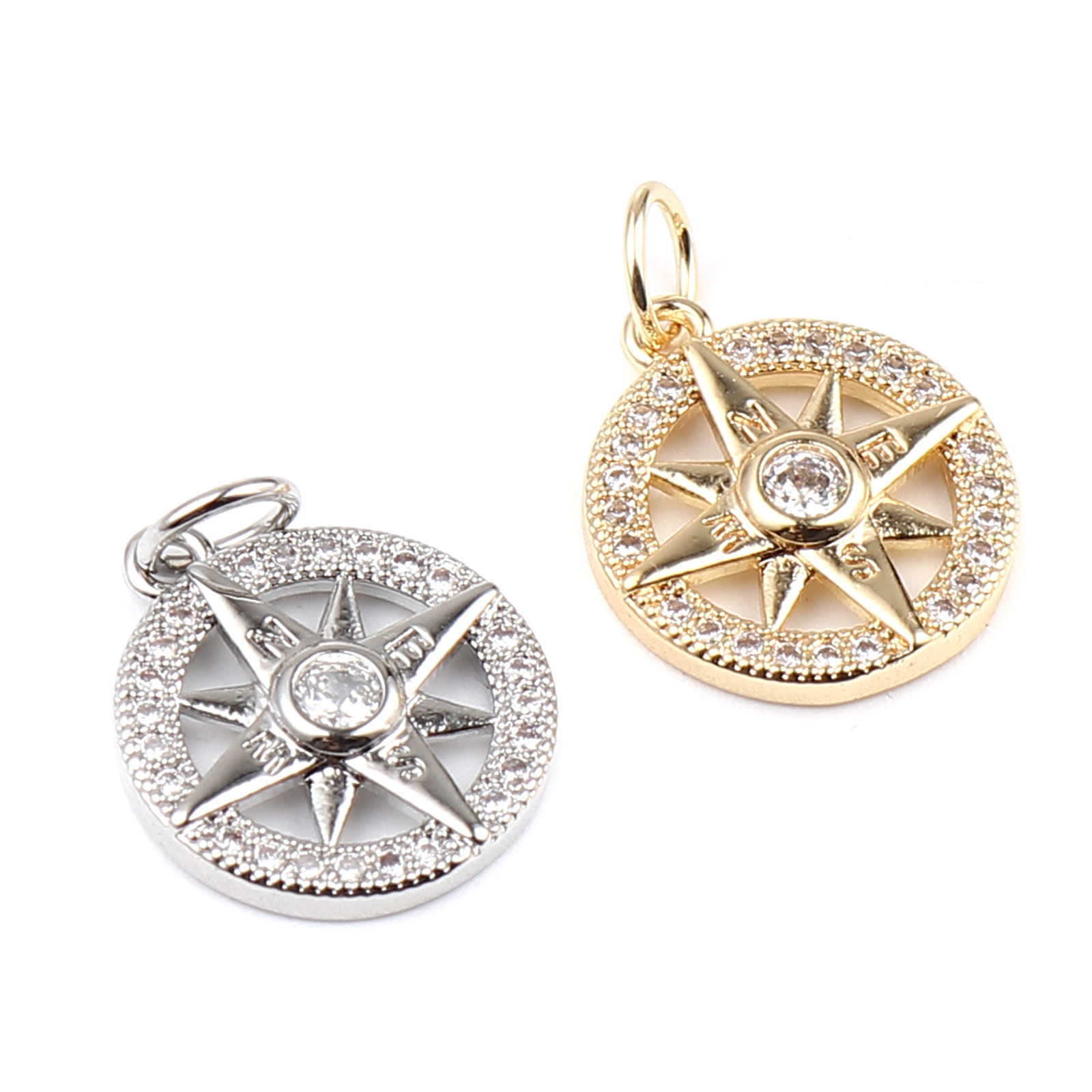 Immagine di Rame Galassia Charms 18K Platino Placcato Tondo Stella Micro Spianare Trasparente Strass 19mm x 13mm, 2 Pz