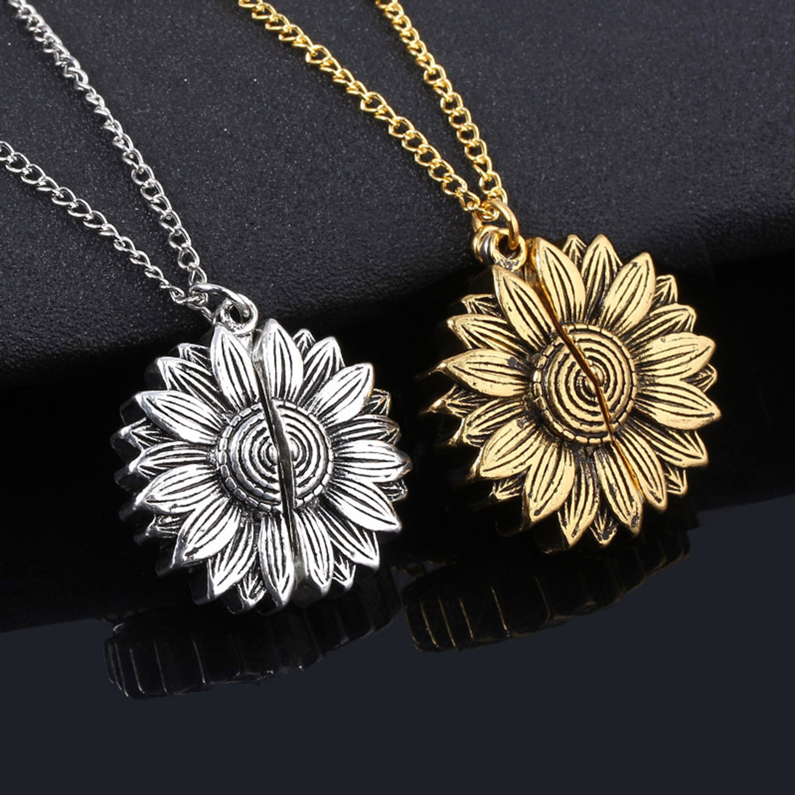 Picture of Stainless Steel Positive Quotes Energy Link Chain Findings Necklace Gold Tone Antique Gold Round Sunflower Message " Remember Love you Mom " Can Open 45cm(17 6/8") long, 1 Piece