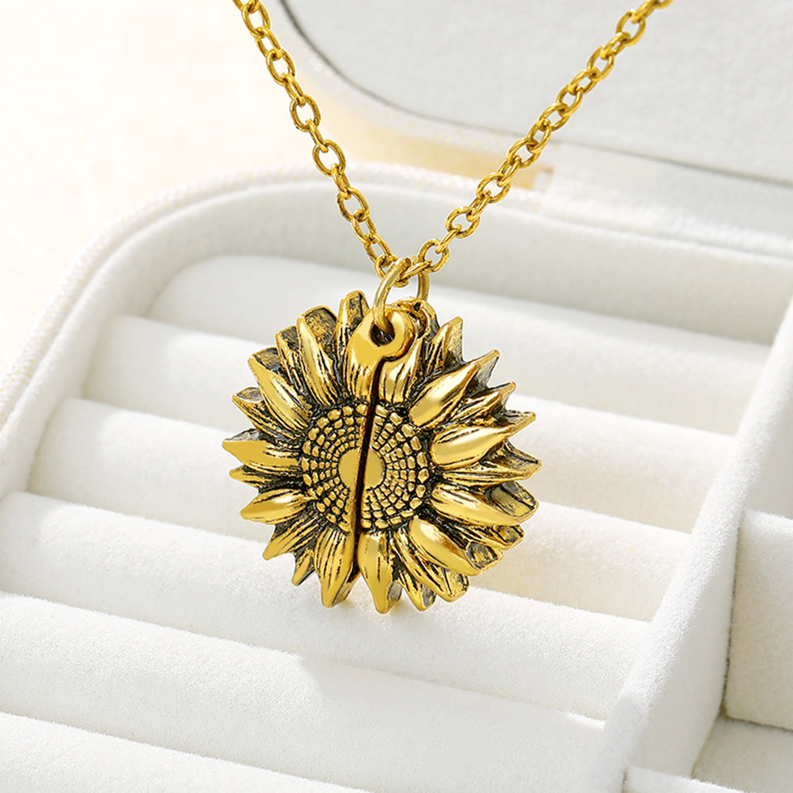 Picture of Stainless Steel Positive Quotes Energy Link Chain Findings Necklace Gold Tone Antique Gold Round Sunflower Message " Remember Love you Mom " Can Open 45cm(17 6/8") long, 1 Piece