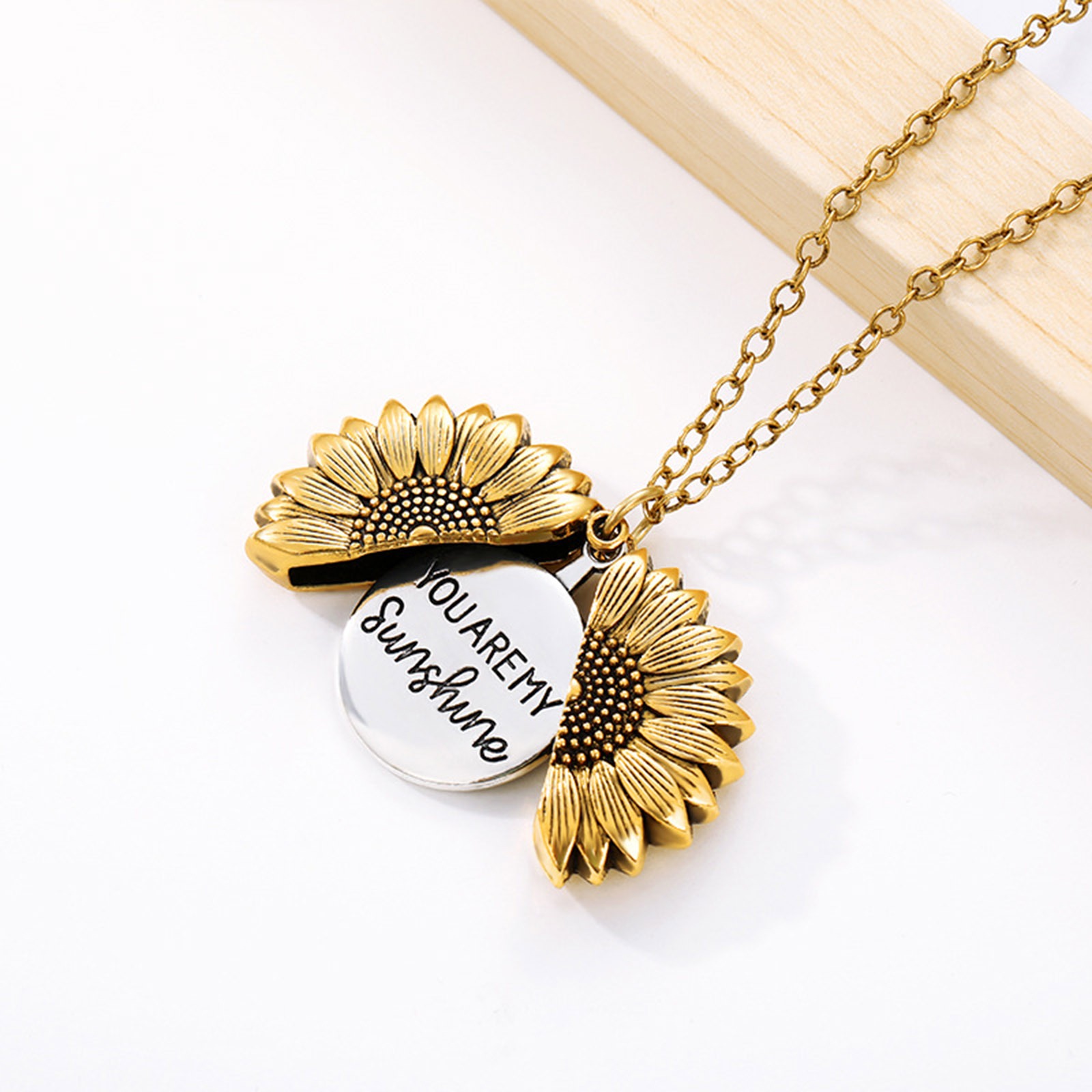 Picture of Stainless Steel Positive Quotes Energy Link Chain Findings Necklace Gold Tone Antique Gold Round Sunflower Message " Remember Love you Mom " Can Open 45cm(17 6/8") long, 1 Piece