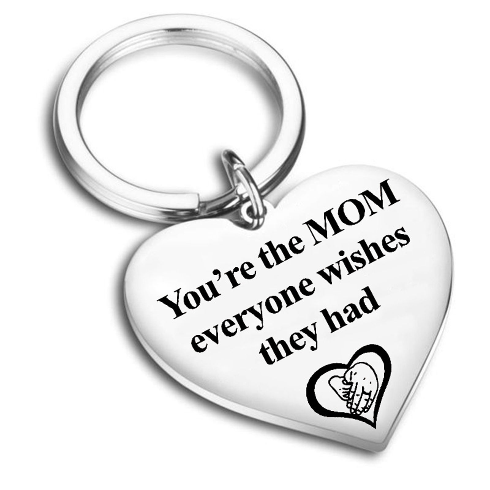 Picture of Zinc Based Alloy Mother's Day Keychain & Keyring Silver Tone Heart Hand Palm Message " You're the mom everyone wishes they had " 1 Piece