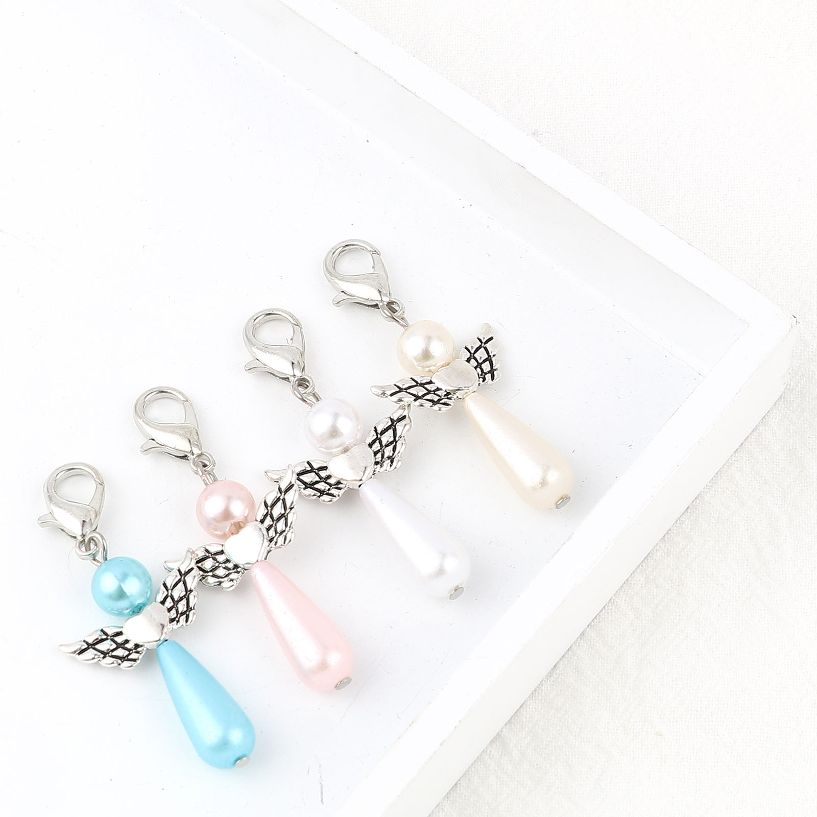 Picture of Zinc Based Alloy Knitting Stitch Markers Angel Antique Silver Color Blue 38mm x 22mm, 5 PCs