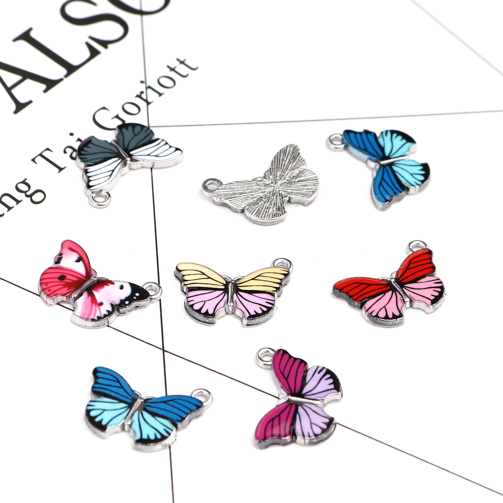 Bild von Zinklegierung Insekt Charms Schmetterling Silberfarbe Fuchsie Emaille 20mm x 15mm, 10 Stück