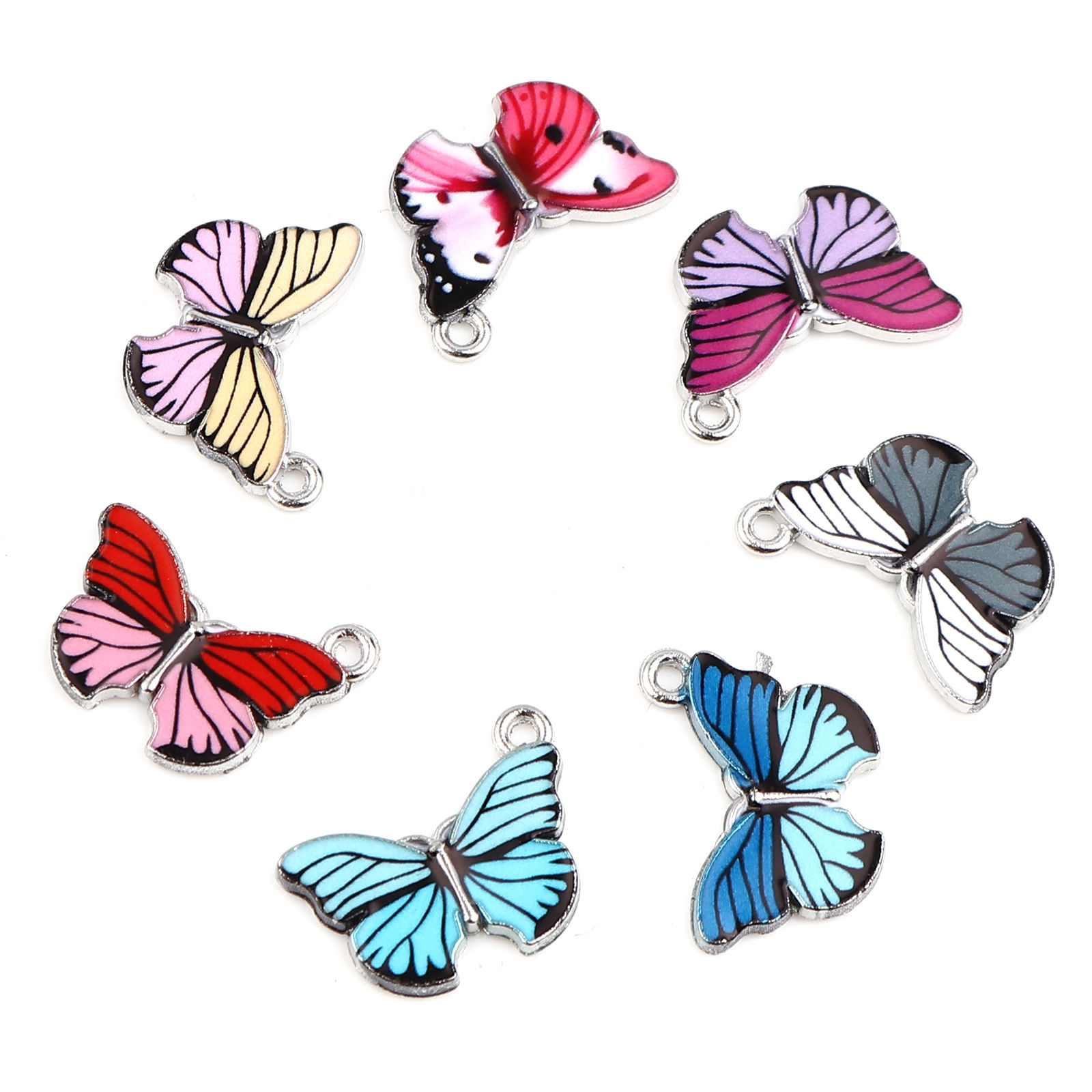 Bild von Zinklegierung Insekt Charms Schmetterling Silberfarbe Fuchsie Emaille 20mm x 15mm, 10 Stück