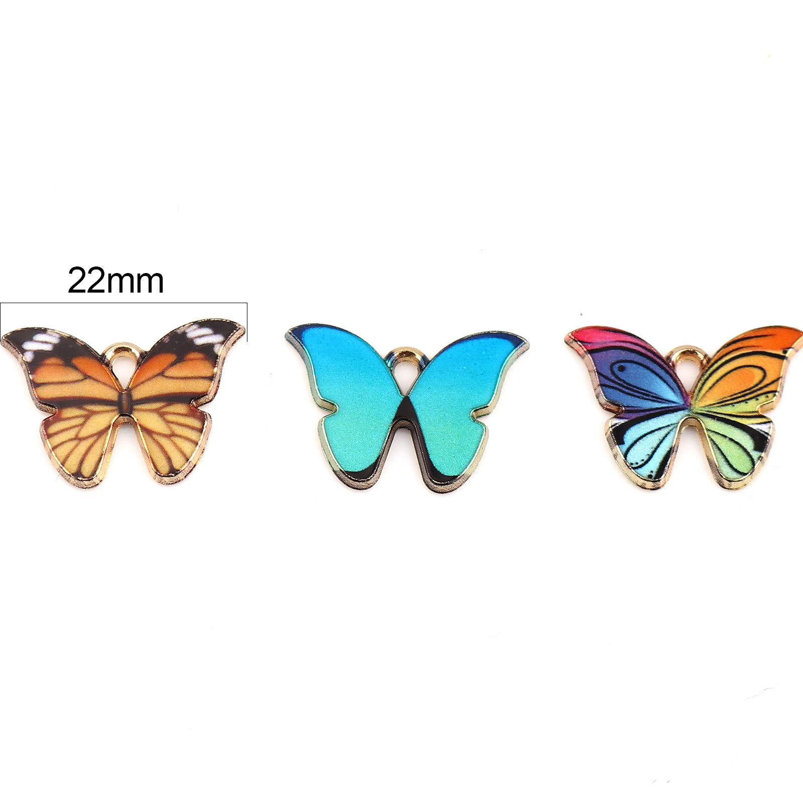 Picture of Zinc Based Alloy Insect Charms Butterfly Animal Gold Plated Green Blue Enamel 22mm x 15mm, 10 PCs
