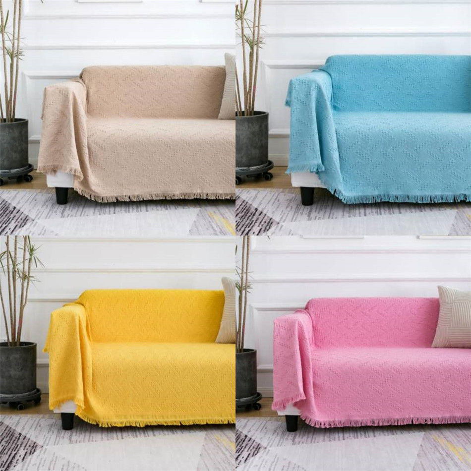 Immagine di Lemon Yellow - Cotton Polyester Blend Dual-purpose Blanket Sofa Cover With Tassel Solid Color 130x230cm, 1 Piece