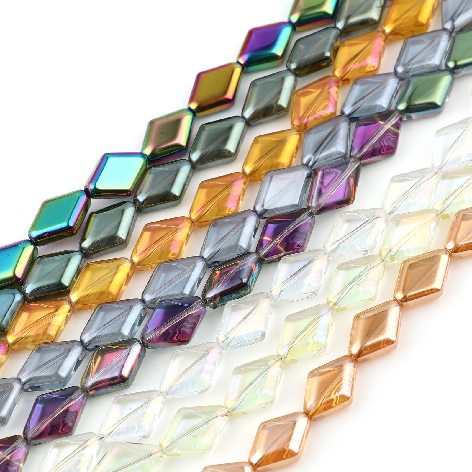 Immagine di Vetro Perline Rombo Multicolore Circa 15mm x 10mm, Foro: Circa 1.1mm, lunghezza: 64cm - 63.5cm, 1 Filo (Circa 43 Pezzi/Treccia)
