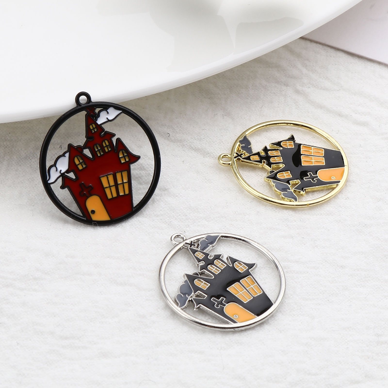 Picture of Zinc Based Alloy Halloween Charms Round Silver Tone Black & Orange Castle Enamel 24mm x 22mm, 5 PCs