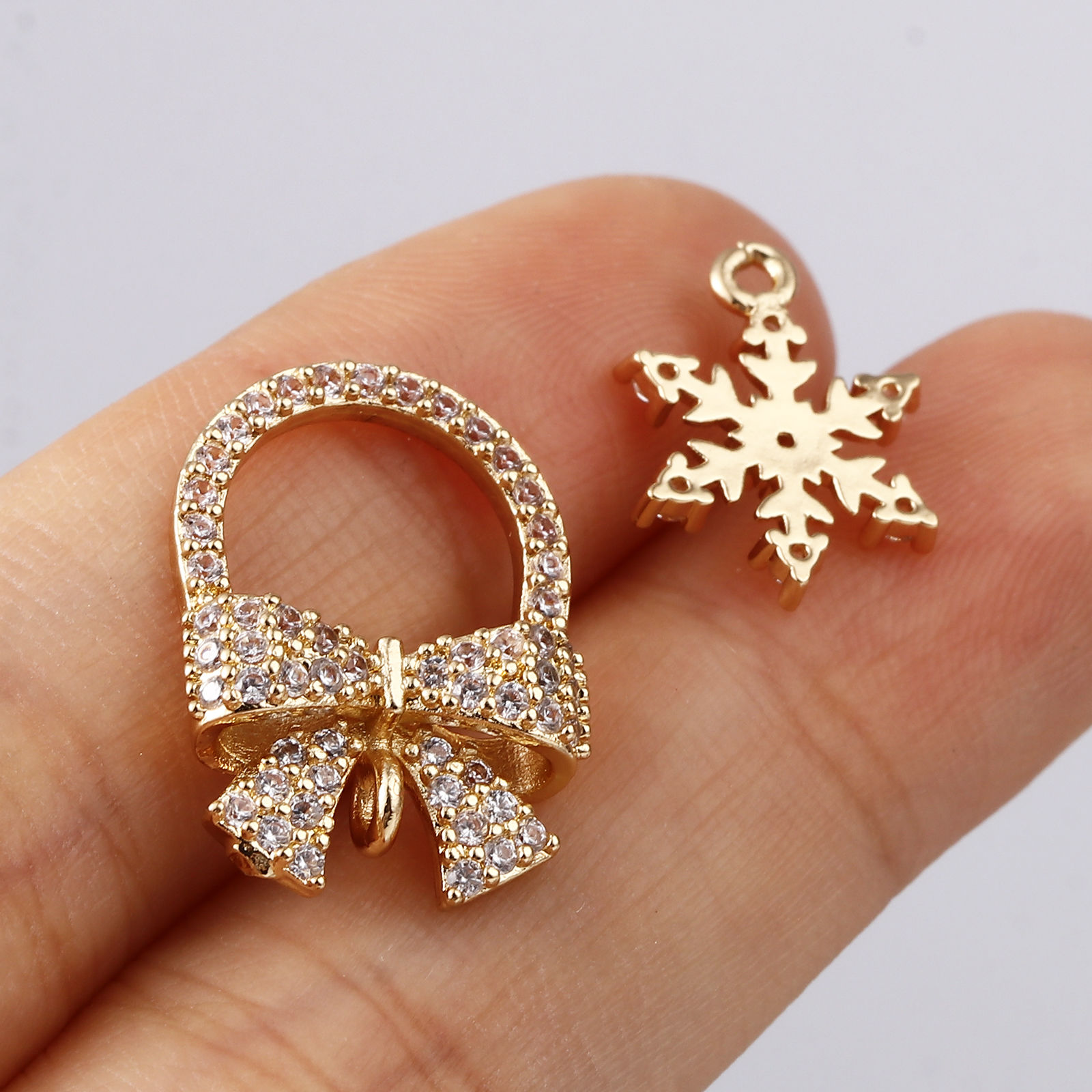 Picture of Copper Christmas Charms Gold Plated Bowknot Micro Pave Clear Rhinestone 19mm x 14mm, 2 PCs