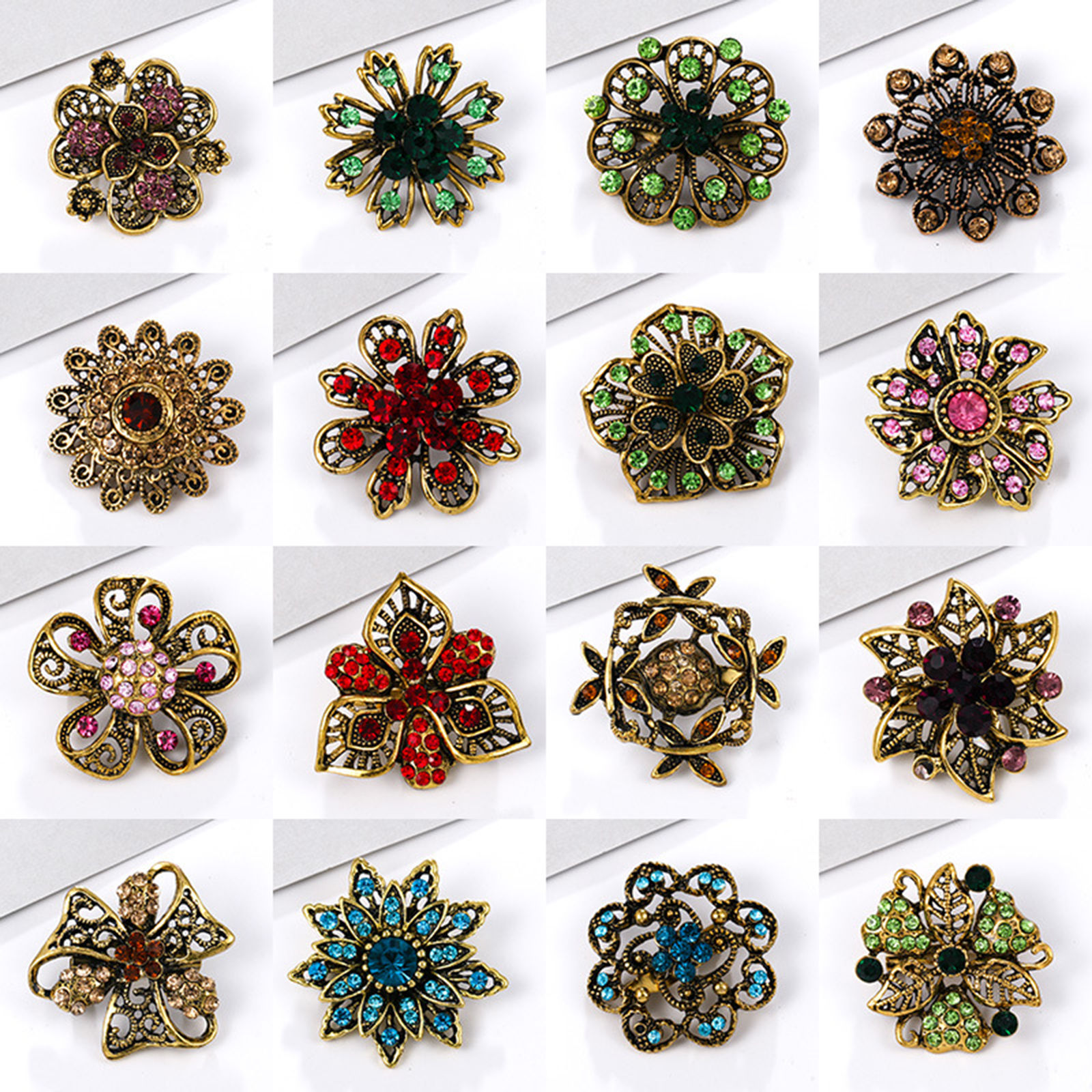 Picture of Zinc Based Alloy Pin Brooches Flower Antique Bronze Coffee Rhinestone 3.3cm x 3.3cm, 1 Piece