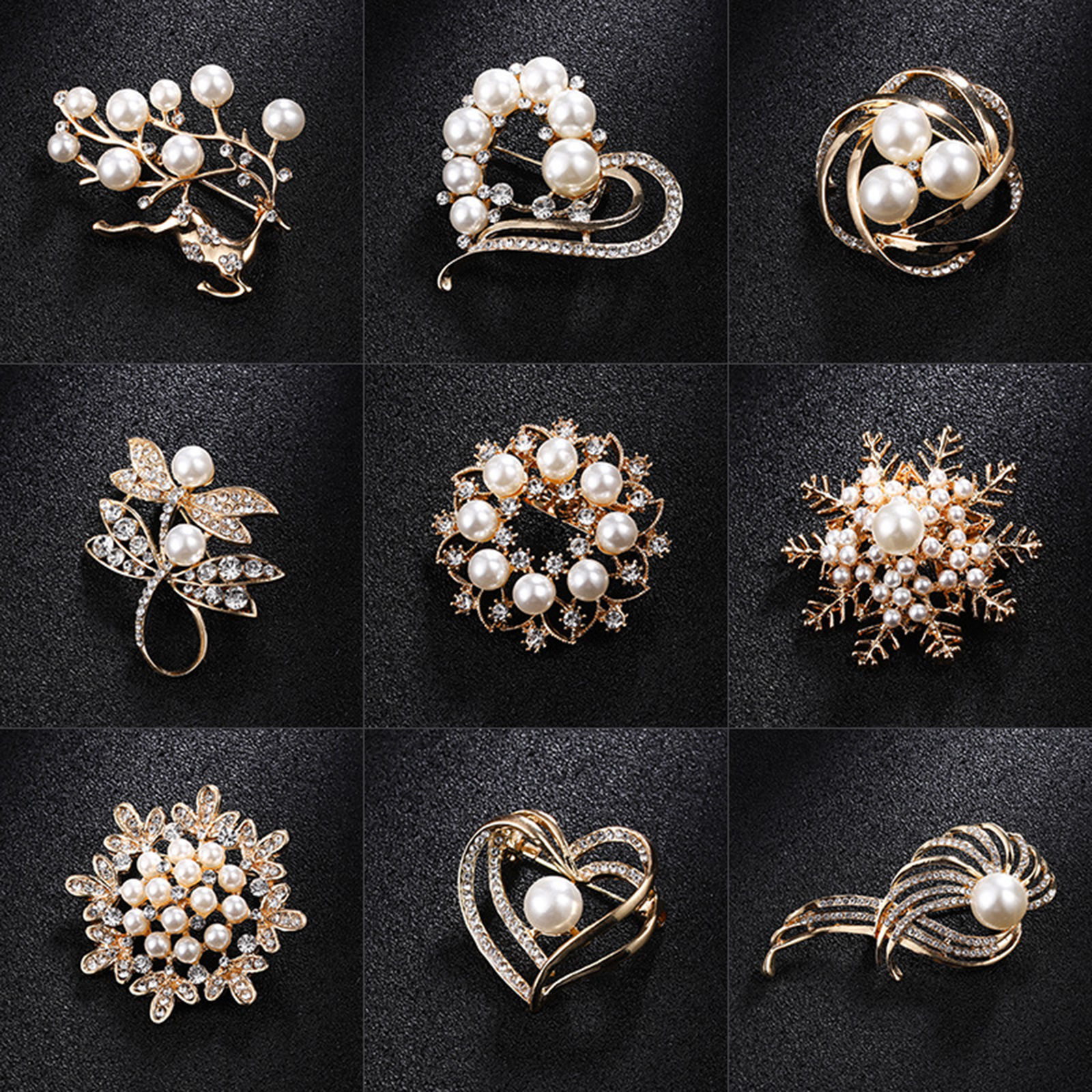 Immagine di Lega di Zinco Spilla Natale Fiocco di Neve Oro Placcato Bianco Imitata Perla Trasparente Strass 4cm x 4cm, 1 Pz
