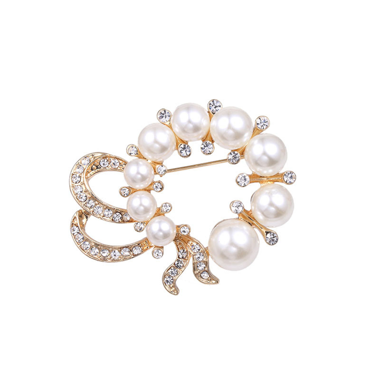 Immagine di Lega di Zinco Spilla Natale Fiocco di Neve Oro Placcato Bianco Imitata Perla Trasparente Strass 4cm x 4cm, 1 Pz