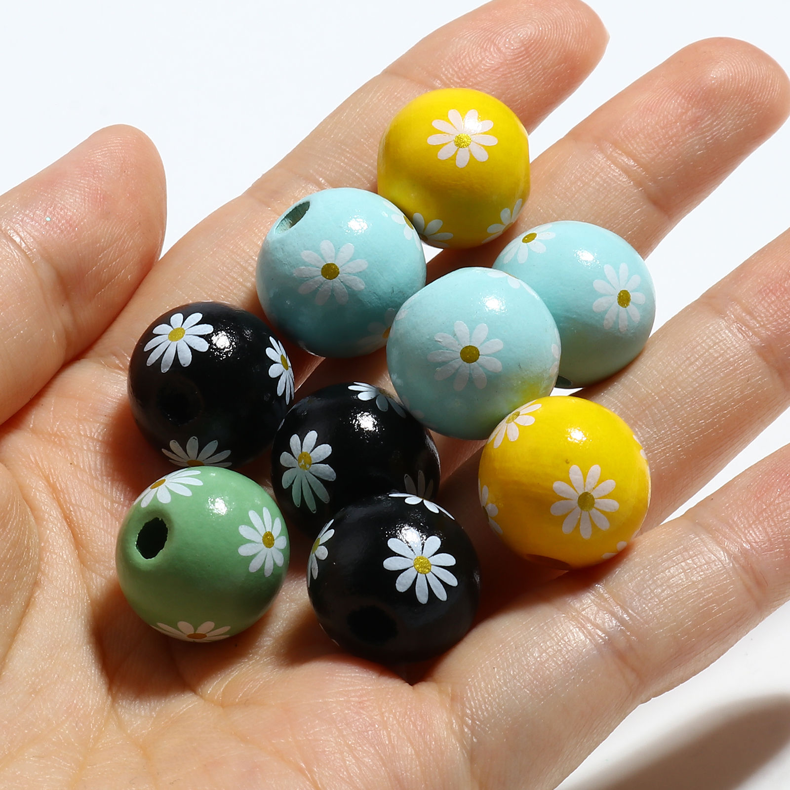 Picture of Wood Spacer Beads Round Multicolor Daisy Flower About 16mm Dia., Hole: Approx 3.8mm, 20 PCs