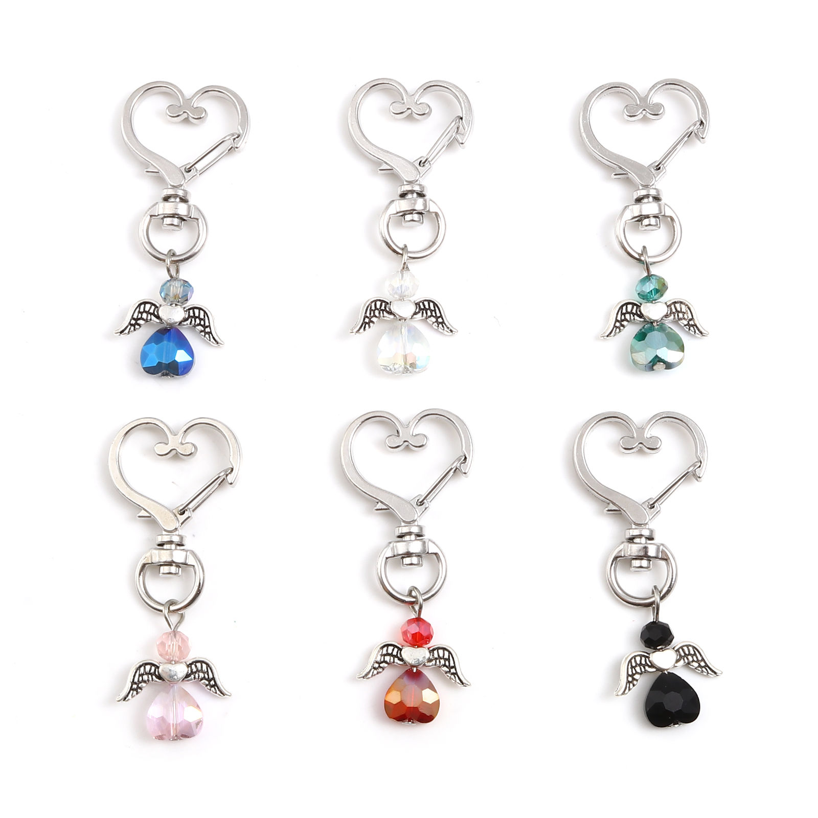 Picture of Acrylic Keychain & Keyring Antique Silver Color Multicolor Angel Heart 5.6cm x 2.4cm, 5 PCs