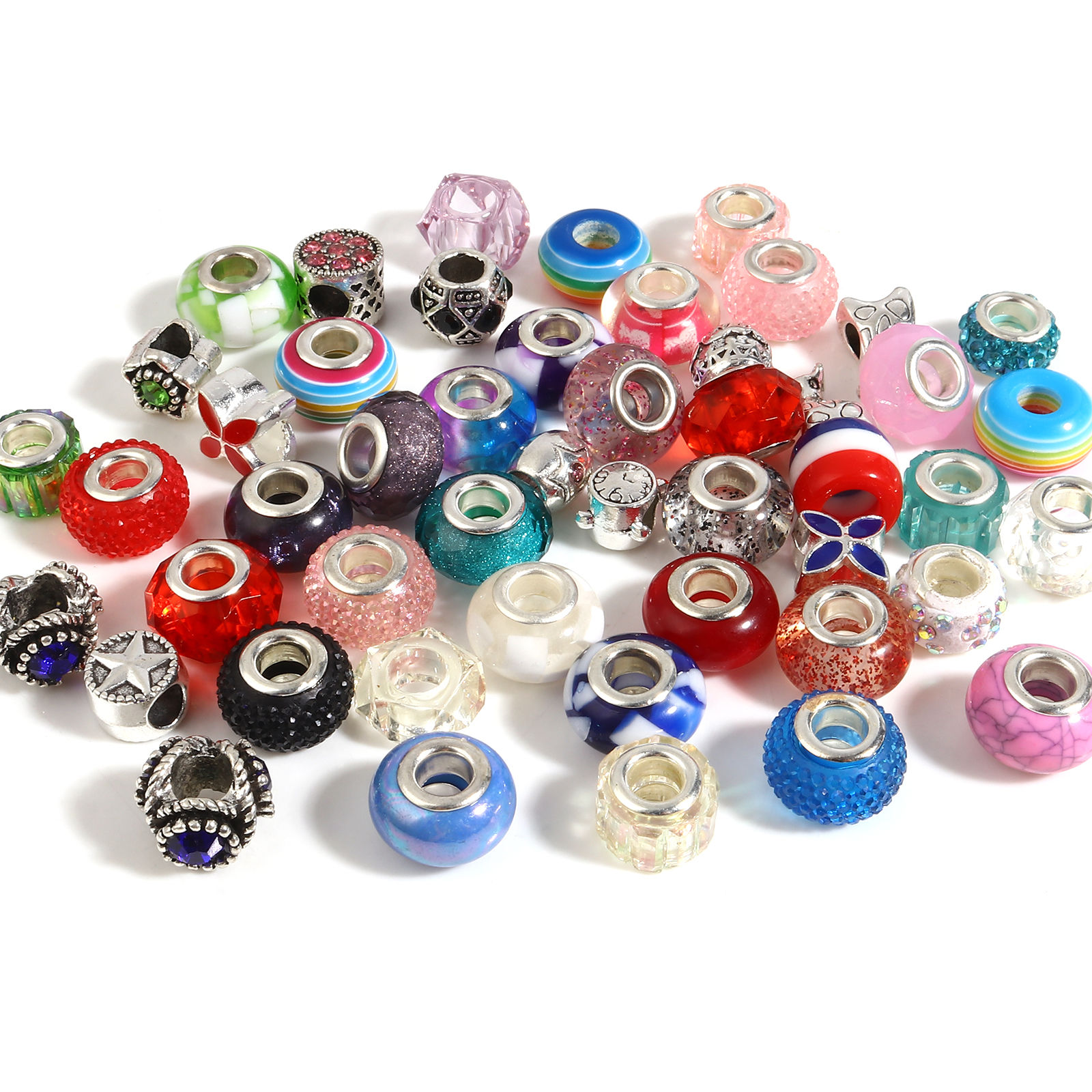 Picture of Zinc Based Alloy & Acrylic Large Hole Charm Beads Silver Tone Multicolor Round At Random 14mm Dia., 9mm x 8mm, Hole: Approx 5.1mm - 4.5mm, 1 Set